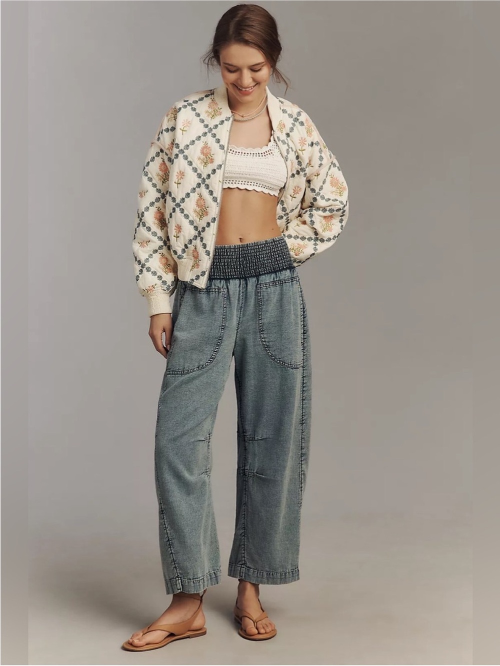 Pilcro Washed Denim Wide-Leg Smocked-Waist Pants in Faded Blue-Grey New w/Tags - Picture 2 of 4
